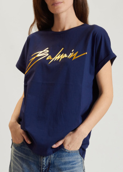 Синяя футболка Balmain с фирменной надписью, фото